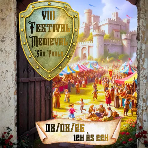 Participantes do 8º Festival Medieval em São Paulo vestidos com trajes medievais e participando de jogos e atividades