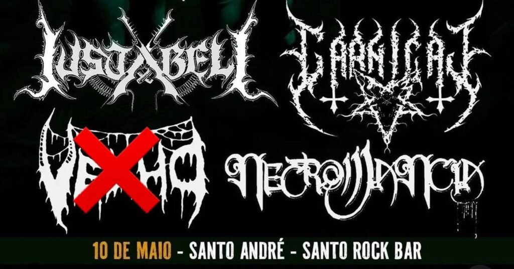 Cartaz do Festival de Metal com as bandas Justabeli, Master, Necromancia e Trevas após cancelamento do Carniçal e Velho.