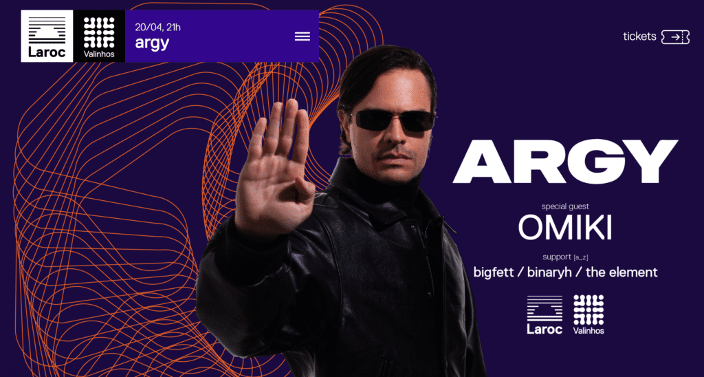 DJs Argy e Omiki e o logo da Laroc Club, para o show de abril de 2026.