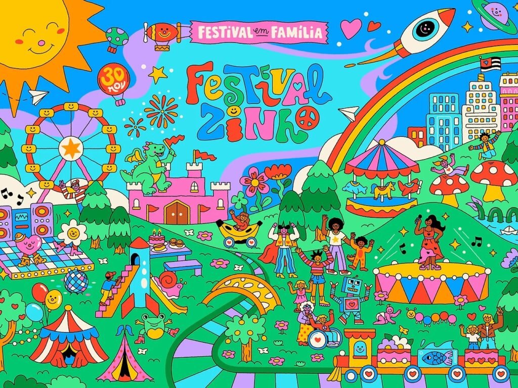 Imagem do Festivalzinho 2026 em São Paulo com famílias se divertindo em várias atividades e shows