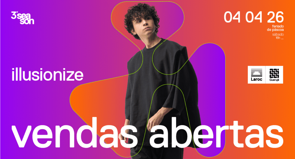 DJ Illusionize tocando no palco 360 graus do Laroc Guarujá durante o pôr do sol.