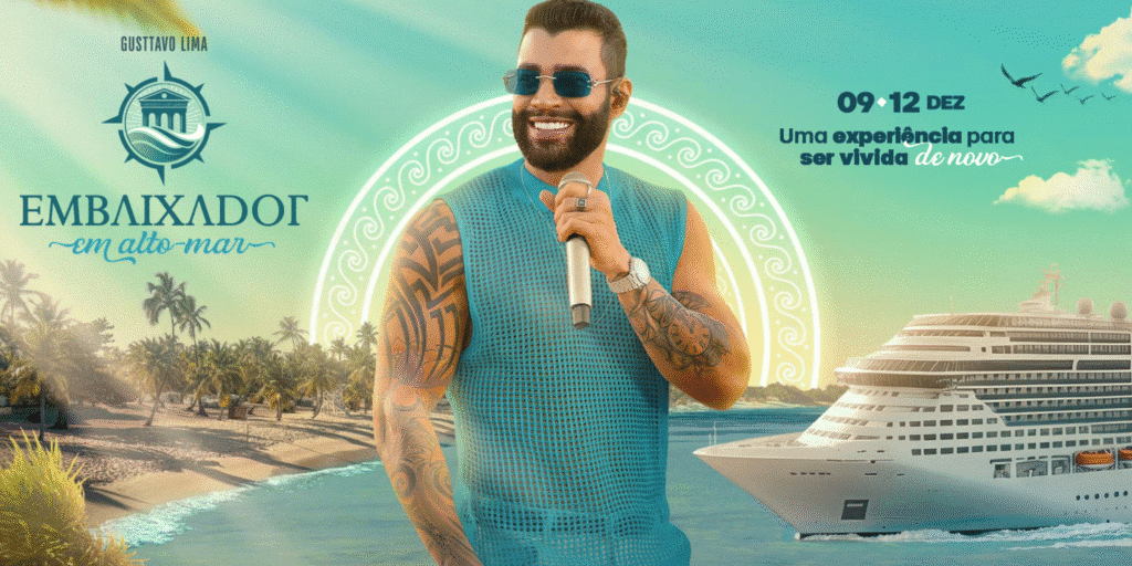 Montagem promocional do Navio do Embaixador com Gusttavo Lima à frente e o cruzeiro MSC Divina ao fundo, com o logo do evento e as datas de 9 a 12 de dezembro de 2026.