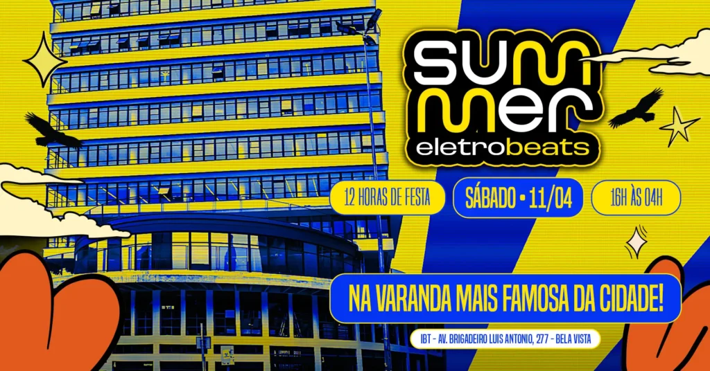 Festa Summer EletroBeats em São Paulo com uma multidão dançando ao entardecer no iBT.
