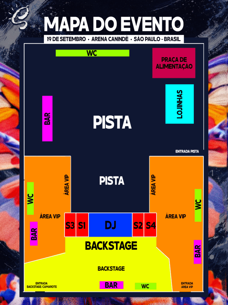 Mapa do evento - SUN.SP 2026 em São Paulo com line-up de tech house na Arena Canindé