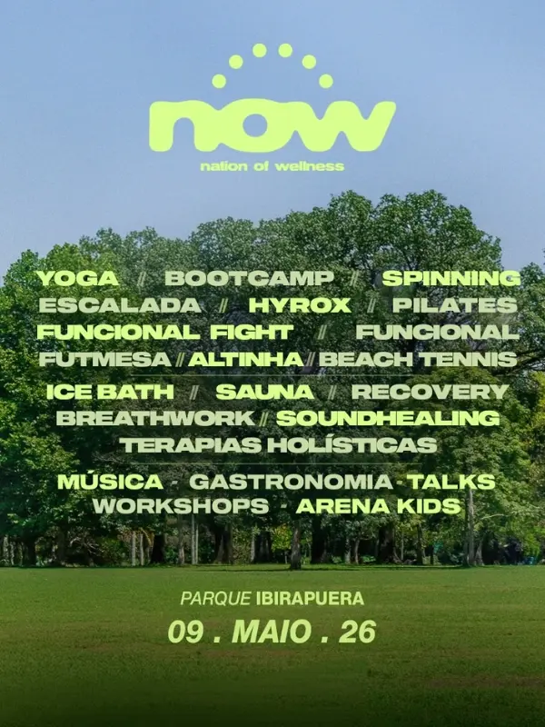Programação - Imagem do NOW Festival 2026 no Parque Ibirapuera, São Paulo, com participantes praticando atividades físicas e interagindo em ambiente festivo.
