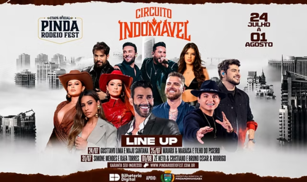 Pindamonhangaba Pinda Rodeio Fest 2026 com artistas e público animado