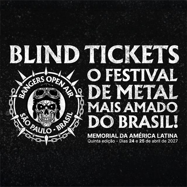 Banners do festival Bangers Open Air 2027 em São Paulo com informações sobre ingressos e atrações de metal e hard rock