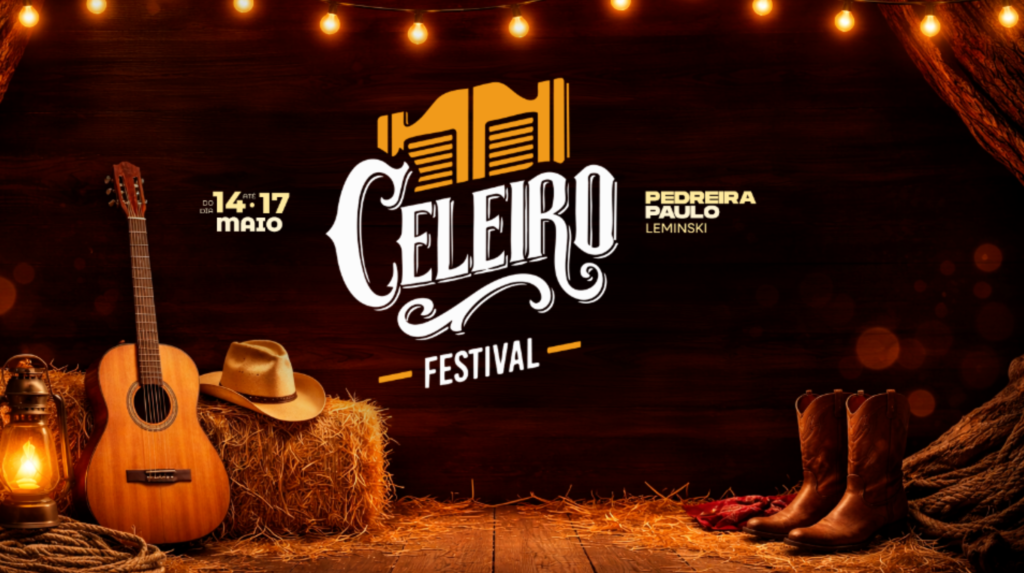 Celeiro Festival em Curitiba com mesas de churrasco e público animado durante apresentações musicais