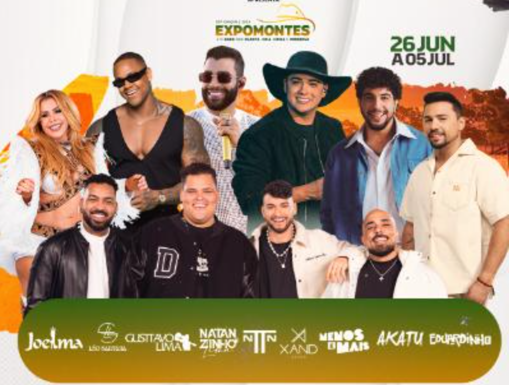 Cartaz do evento Expomontes 2026 em Montes Claros, MG, destacando as principais atrações e datas do festival.
