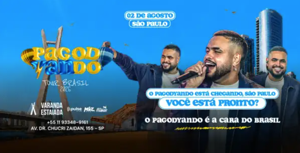 Yan se apresentando no evento Pagodyando em São Paulo com a Ponte Estaiada ao fundo