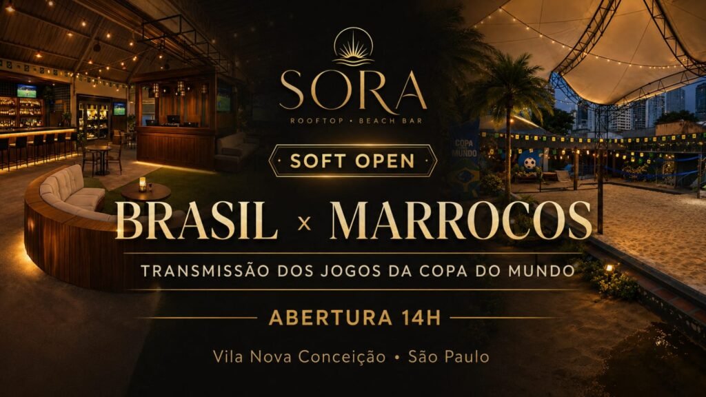 Público acompanha Brasil x Marrocos no SORA Rooftop Beach Bar em São Paulo