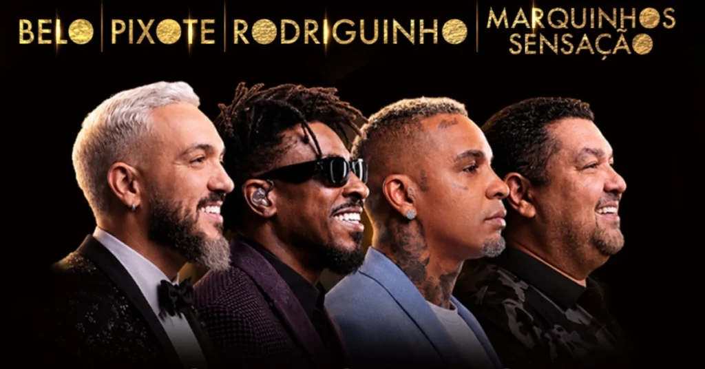 Teatro Nubank Parque com cartazes do show Somos 90, destacando os artistas Belo, Pixote, Rodriguinho e Marquinhos Sensação.