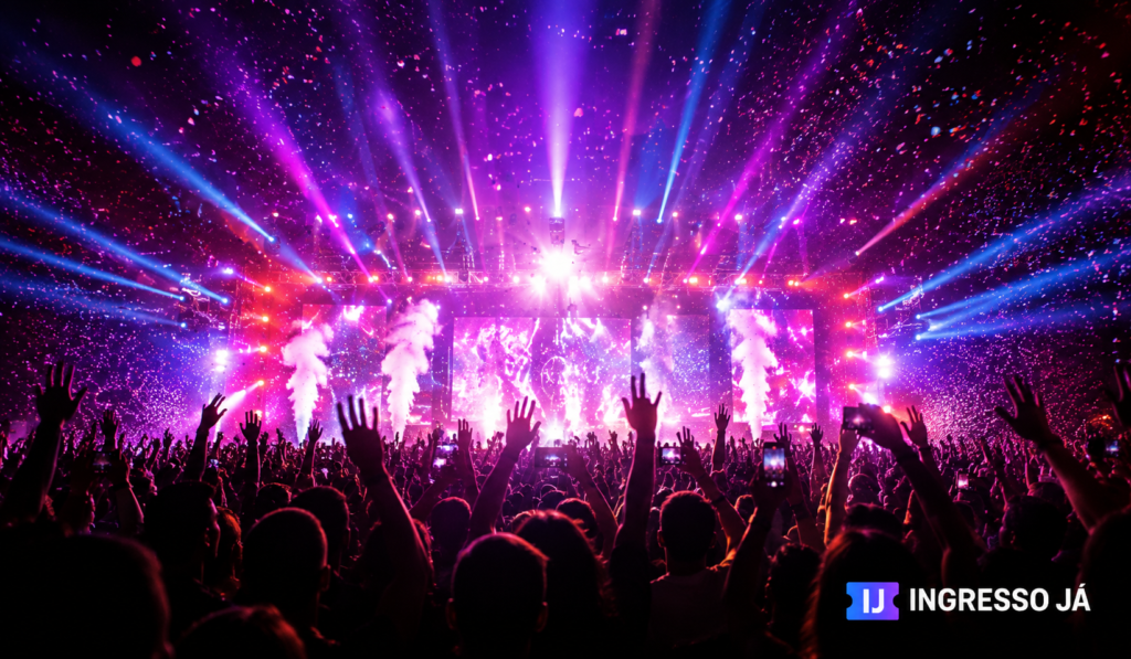 Público em show com palco iluminado, luzes e efeitos visuais