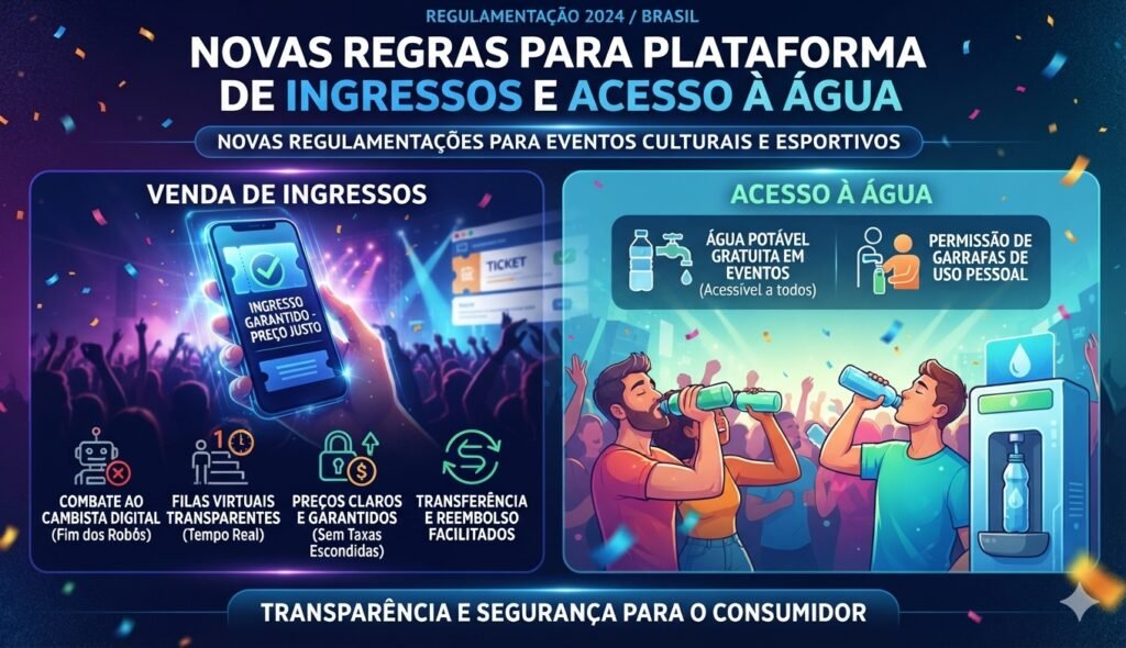 Infográfico com fundo azul de show mostrando as novas regras para plataformas de ingressos, como combate a robôs e filas transparentes, ao lado de ilustrações sobre o acesso à água potável gratuita em eventos.